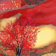 Painting of a red tree on a layered red background