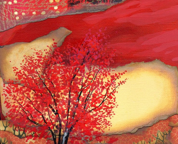 Painting of a red tree on a layered red background