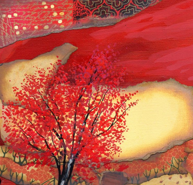 Painting of a red tree on a layered red background