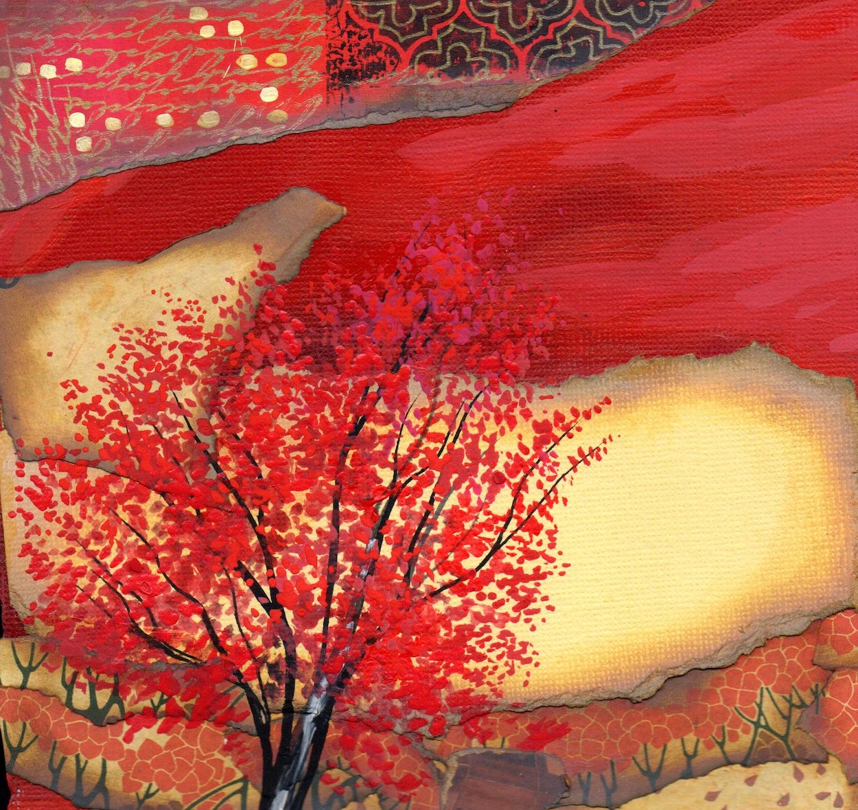 Painting of a red tree on a layered red background