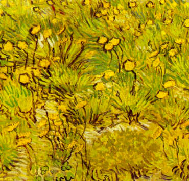 Impressionist painting of dandelions in a yellow field
