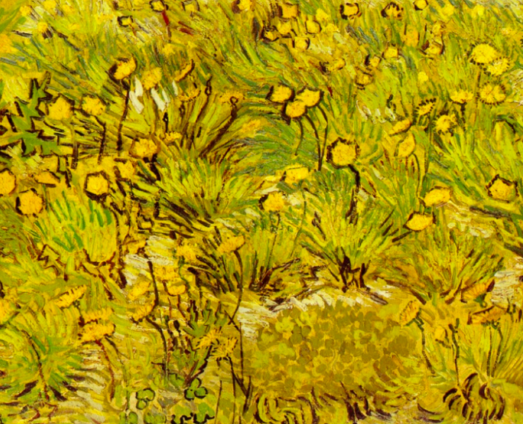 Impressionist painting of dandelions in a yellow field