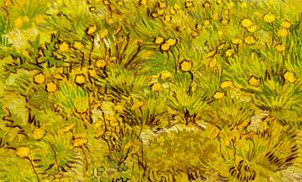 Impressionist painting of dandelions in a yellow field