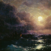 Oil painting of the sea at night with a bright moon