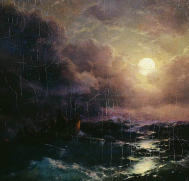Oil painting of the sea at night with a bright moon