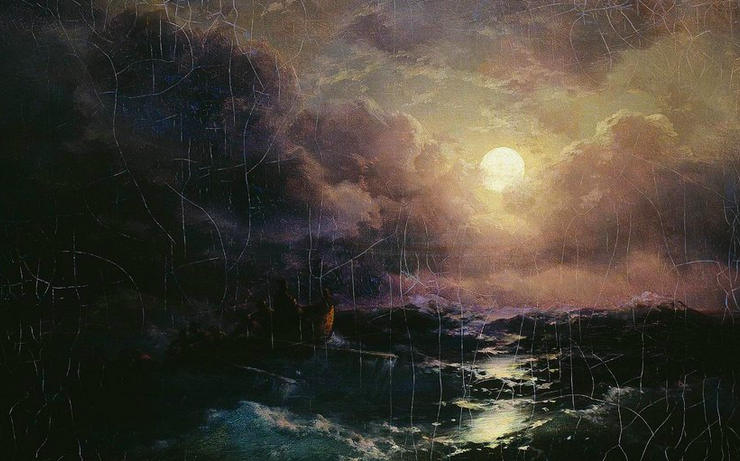 Oil painting of the sea at night with a bright moon