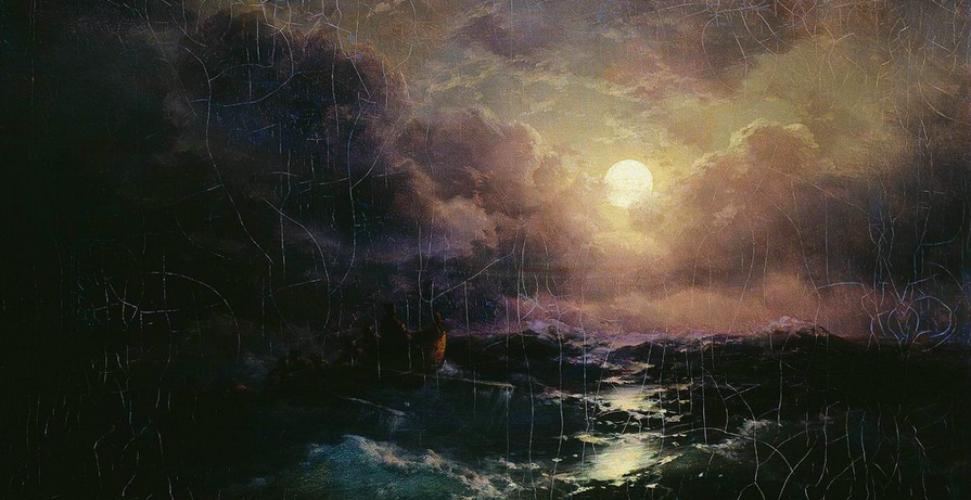 Oil painting of the sea at night with a bright moon
