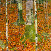 Painting of a birch forest covered in gold leaves