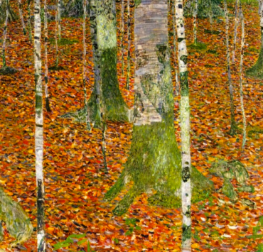 Painting of a birch forest covered in gold leaves