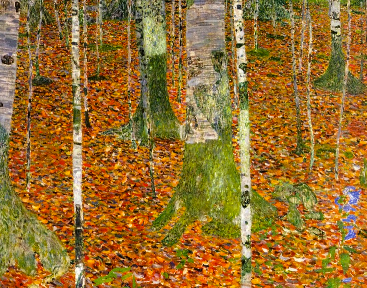 Painting of a birch forest covered in gold leaves