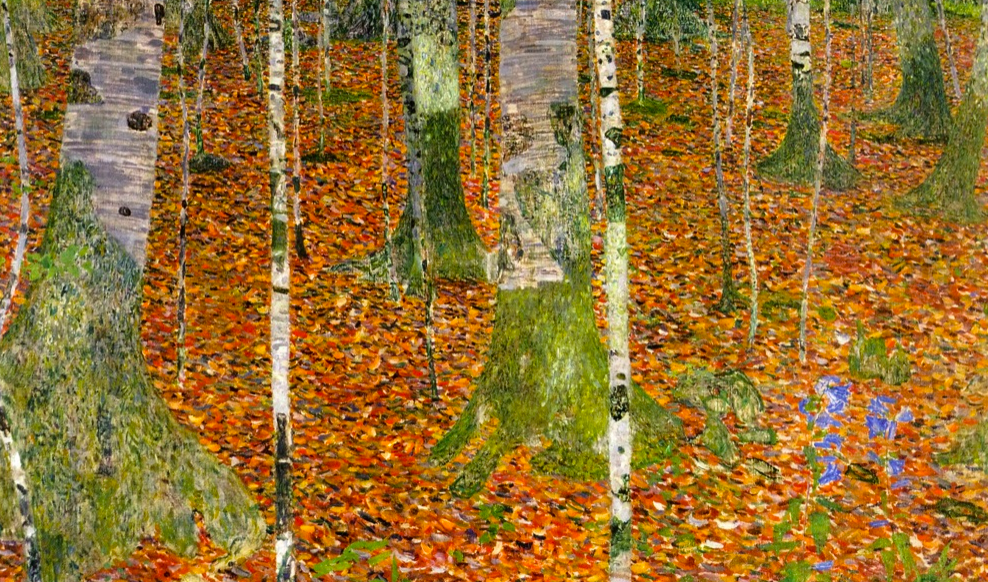 Painting of a birch forest covered in gold leaves
