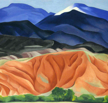 Landscape painting of mountains in a gradient of colors ranging from green, red, to blue