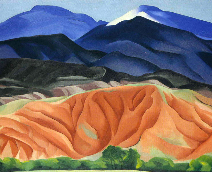 Landscape painting of mountains in a gradient of colors ranging from green, red, to blue