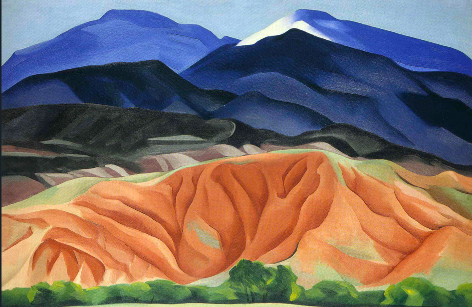 Landscape painting of mountains in a gradient of colors ranging from green, red, to blue