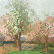 Impressionist painting of several cherry trees blossoming in pink and white
