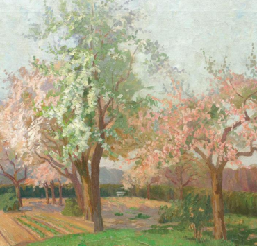 Impressionist painting of several cherry trees blossoming in pink and white