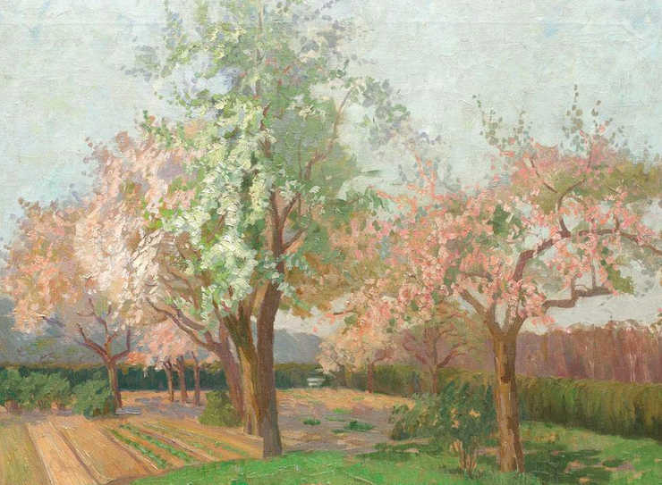 Impressionist painting of several cherry trees blossoming in pink and white