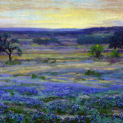 Painting of a field of blue flowers at dusk