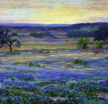 Painting of a field of blue flowers at dusk
