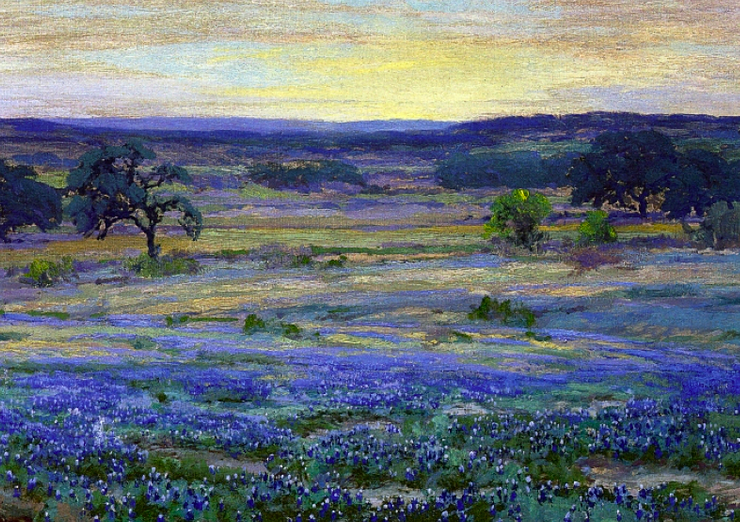 Painting of a field of blue flowers at dusk