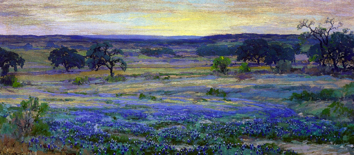 Painting of a field of blue flowers at dusk