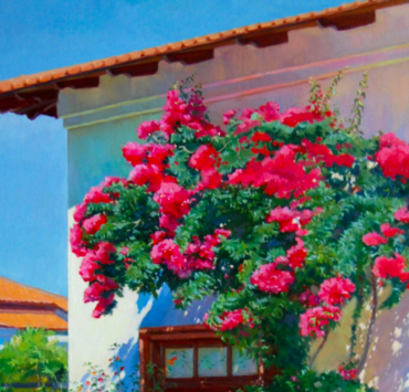 Painting of a whitewashed house with pink bougainvillea growing along the side