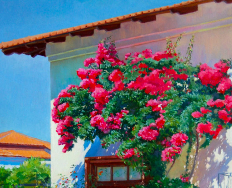 Painting of a whitewashed house with pink bougainvillea growing along the side