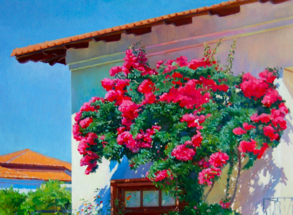 Painting of a whitewashed house with pink bougainvillea growing along the side