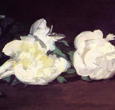 Impressionist painting of two white peonies laid out on a table