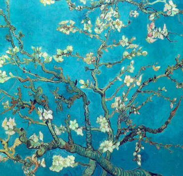Branches with white blossoms on a blue background