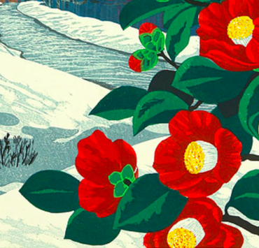Japanese painting of red camellias, the background is a snowy hill