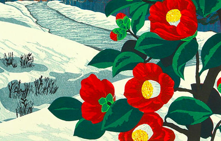 Japanese painting of red camellias, the background is a snowy hill