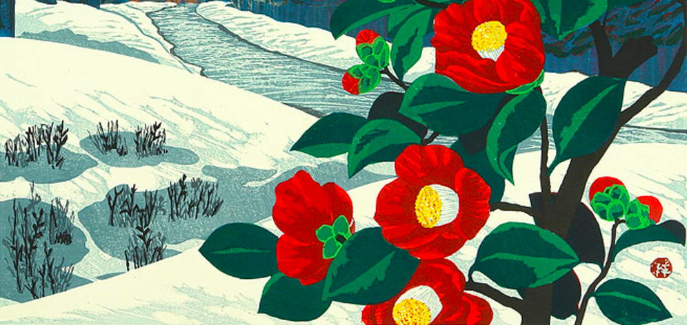 Japanese painting of red camellias, the background is a snowy hill