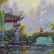 Painting of a chinese garden there is a couple embracing on a bridge