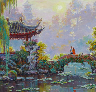 Painting of a chinese garden there is a couple embracing on a bridge