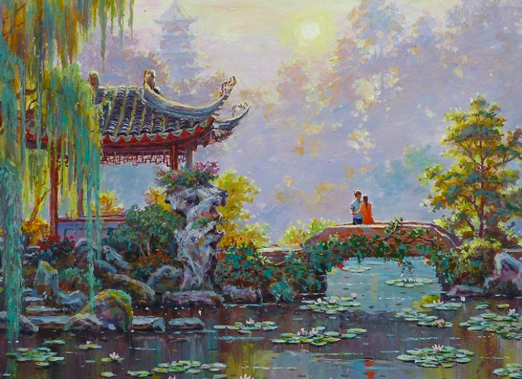 Painting of a chinese garden there is a couple embracing on a bridge