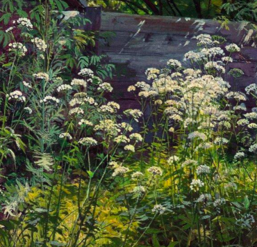 Painting of a garden overgrown with goutweed