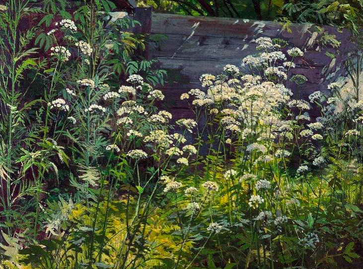 Painting of a garden overgrown with goutweed