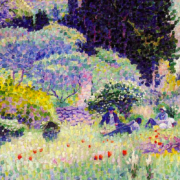 Impressionist painting of a field with poppies and a cypress tree