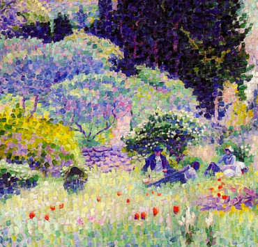 Impressionist painting of a field with poppies and a cypress tree