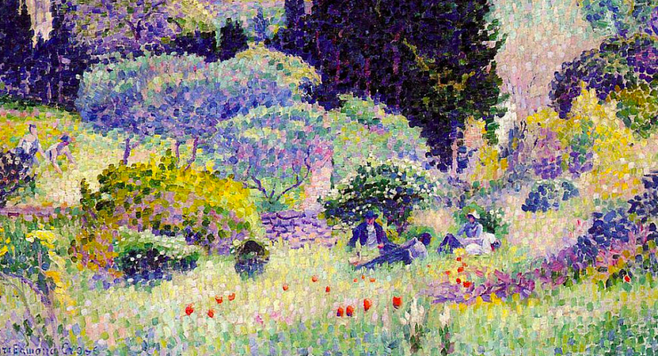 Impressionist painting of a field with poppies and a cypress tree