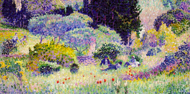 Impressionist painting of a field with poppies and a cypress tree