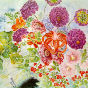 Painting of a bouquest of dahlias, tiger lilies, and nasturtiums