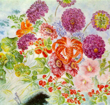 Painting of a bouquest of dahlias, tiger lilies, and nasturtiums