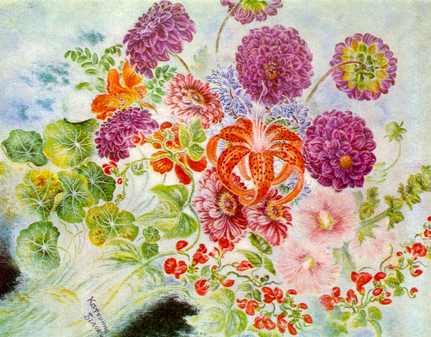 Painting of a bouquest of dahlias, tiger lilies, and nasturtiums