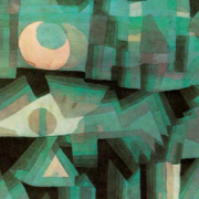 Cubist painting in shades of teal of a city with a moon overhead
