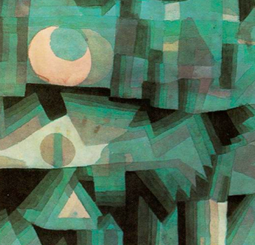 Cubist painting in shades of teal of a city with a moon overhead