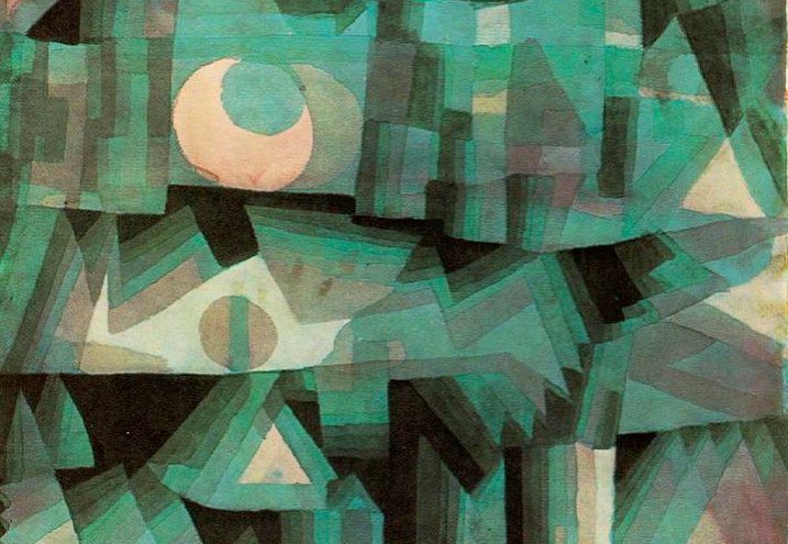 Cubist painting in shades of teal of a city with a moon overhead