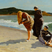 Painting of three people and a small dog along the seashore