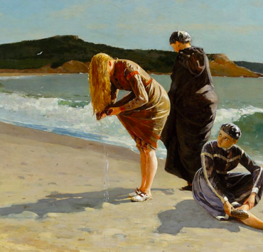 Painting of three people and a small dog along the seashore